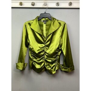 JS Boutique Ruched Front V Neck Collared Shirt Top Women Small Green Satin Y2K